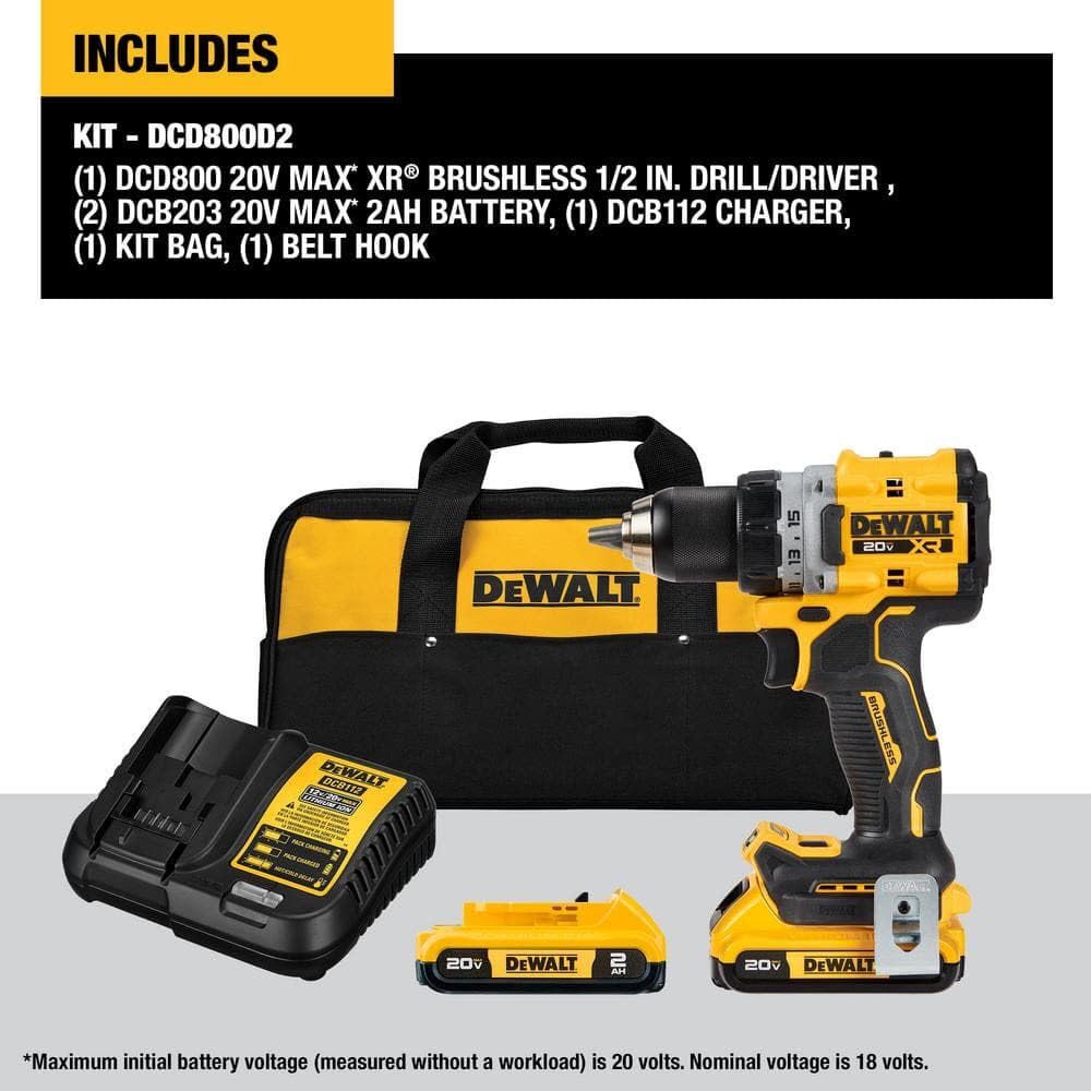 dewalt-20v-max-xr-brushless-cordless-1-2-inch-drill-driver-kit-dcd800d2-with-2-b image 2