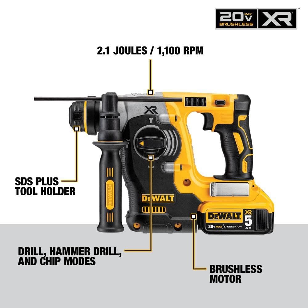 dewalt-dch273p2-20v-max-xr-brushless-1-inch-sds-rotary-hammer-with-5-0ah-batteri image 8