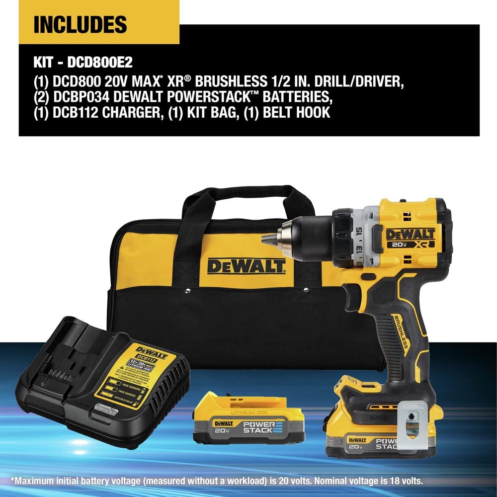 dewalt-dcd800e2-20v-max-xr-brushless-1-2-in-cordless-drill-driver-kit-with-2-bat image 2