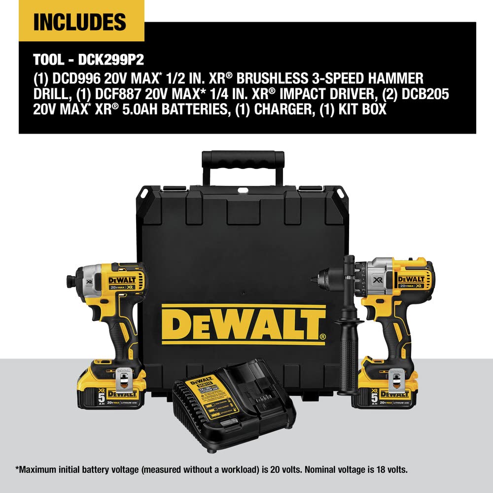 dewalt-20v-max-hammer-drill-impact-driver-combo-kit-dck299p2-with-2-batteries-ch image 3