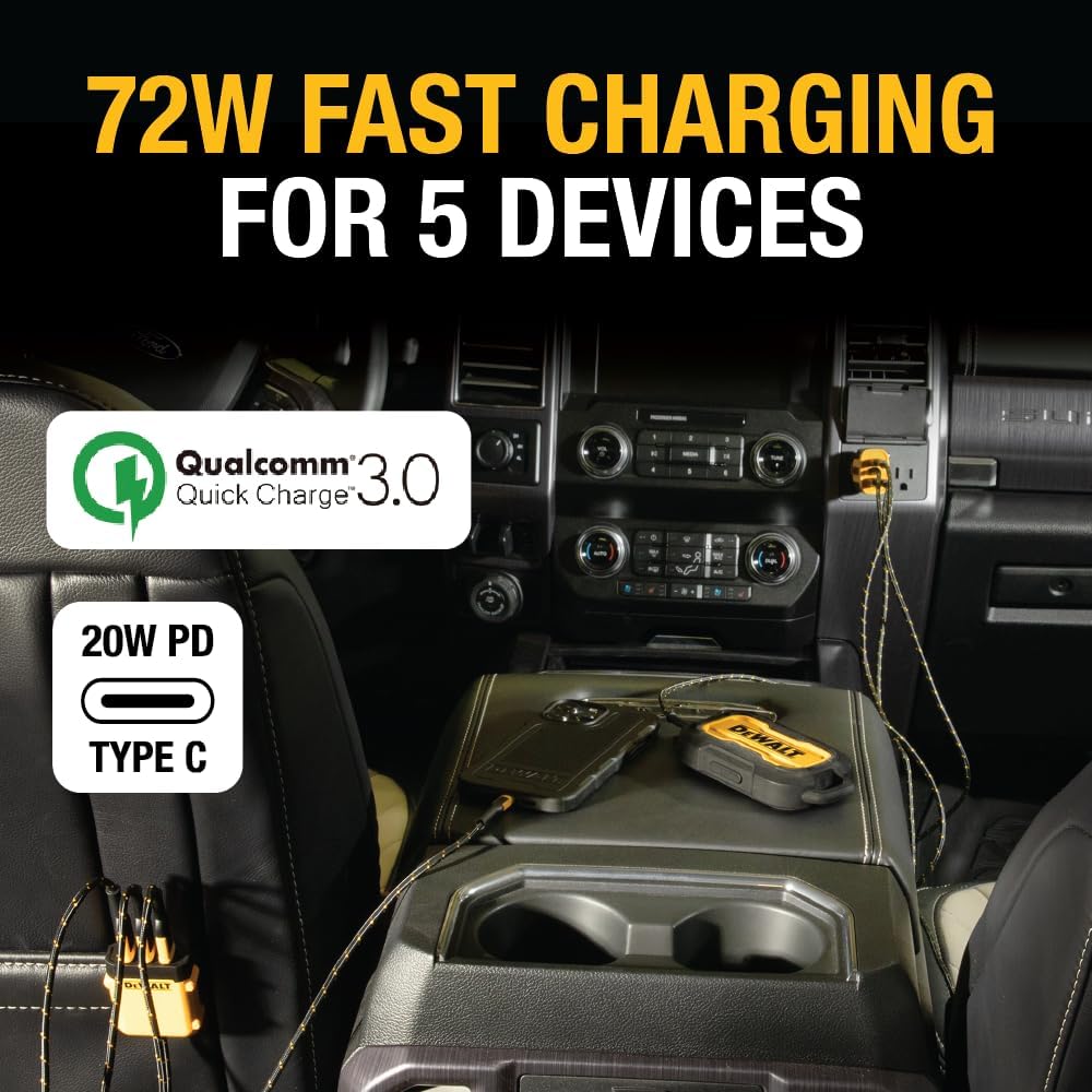 dewalt-heavy-duty-72w-5-port-usb-car-charger-with-pd-30w-qc-3-0-and-6ft-cable image 3