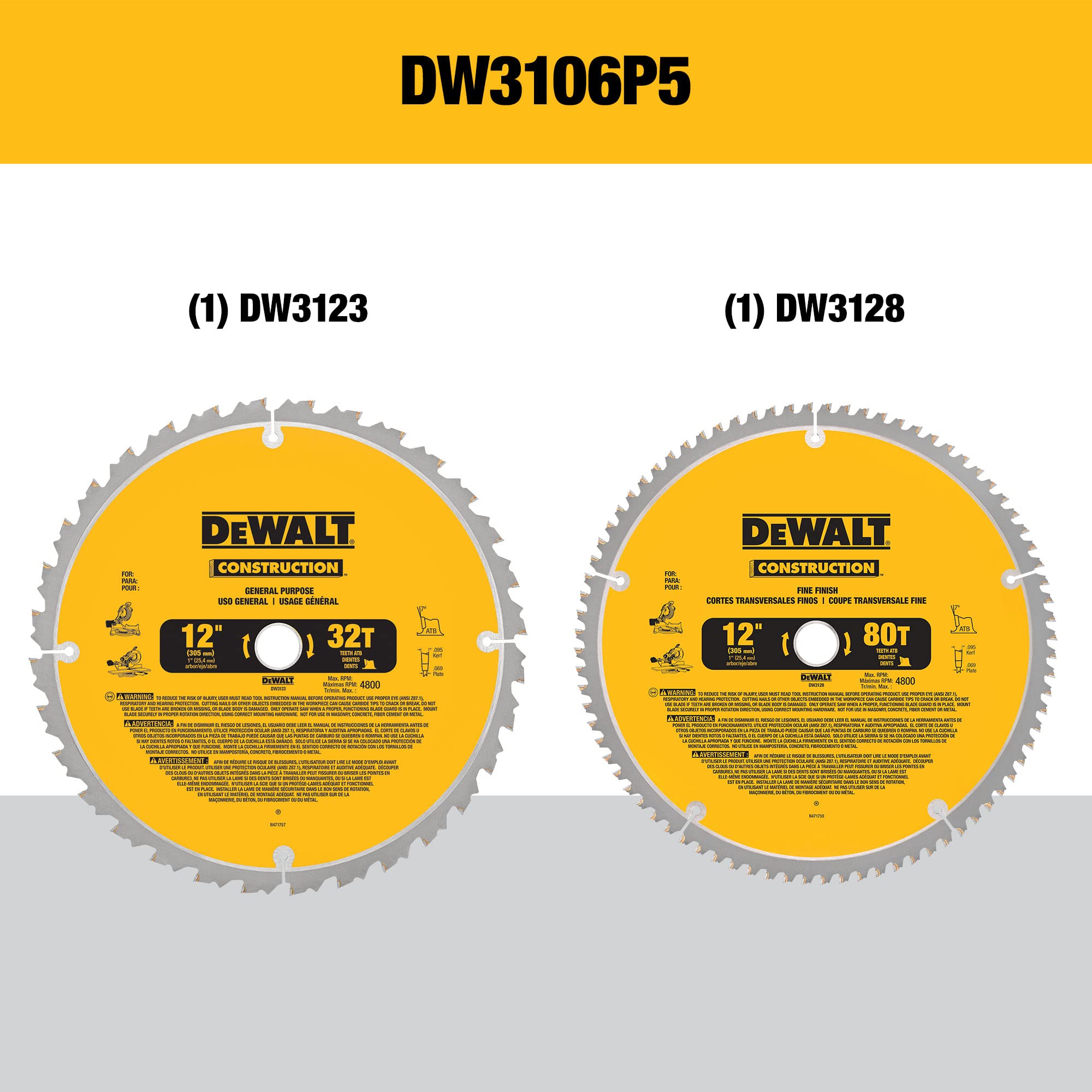 dewalt-12-inch-miter-saw-blade-2-pack-80-tooth-32-tooth-dw3128p5-dw3123 image 2