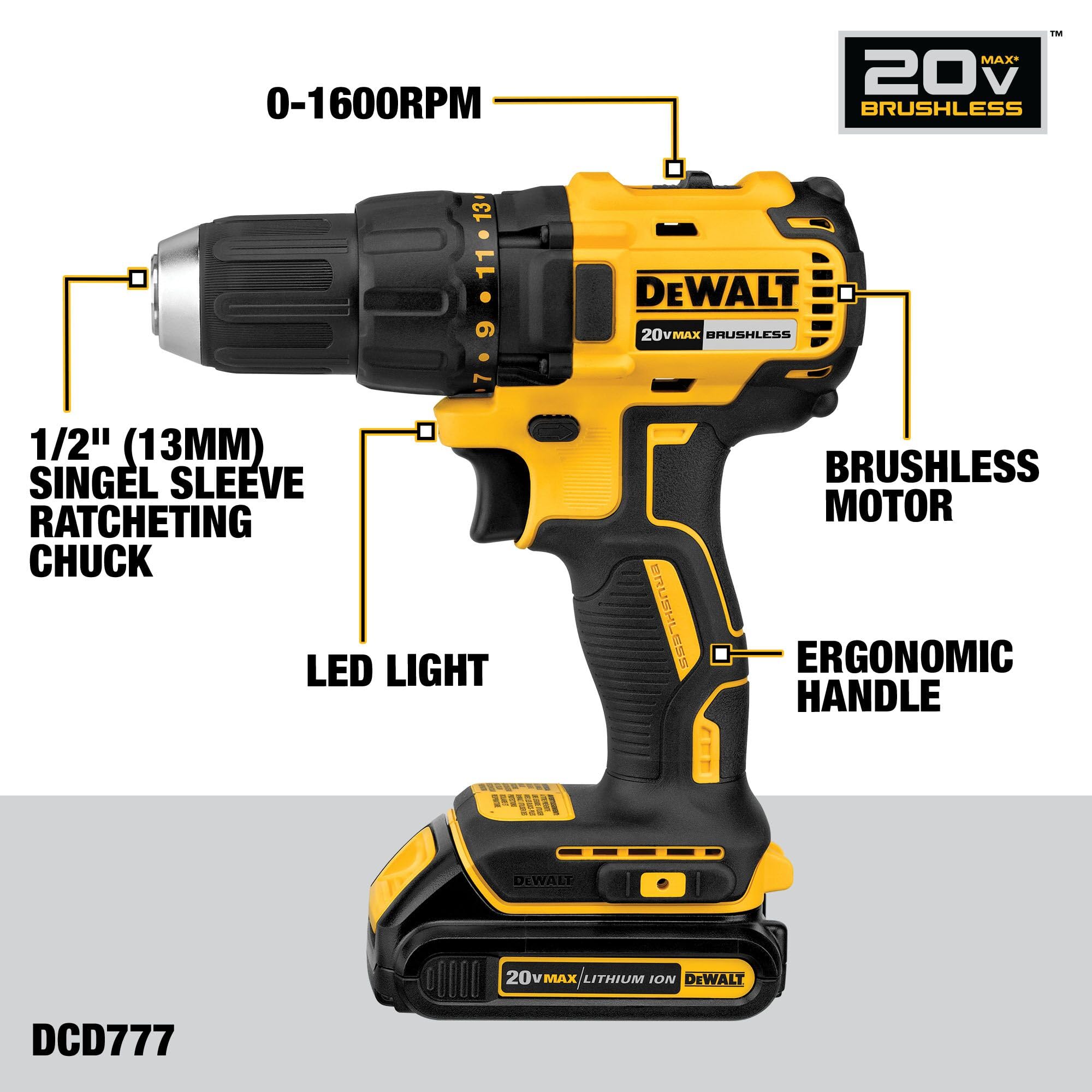 dewalt-dcd777d1-20v-max-brushless-1-2-in-drill-driver-kit-2-0-ah image 3