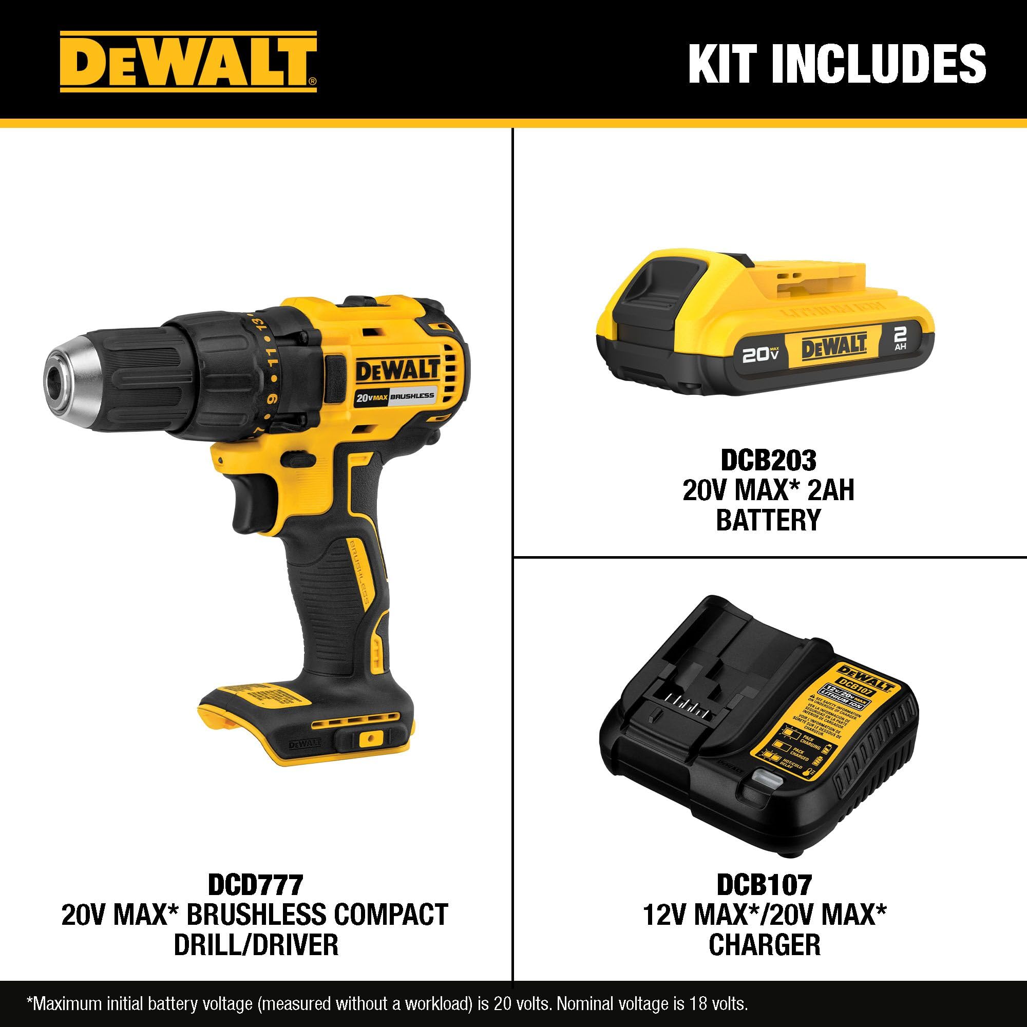 dewalt-dcd777d1-20v-max-brushless-1-2-in-drill-driver-kit-2-0-ah image 2