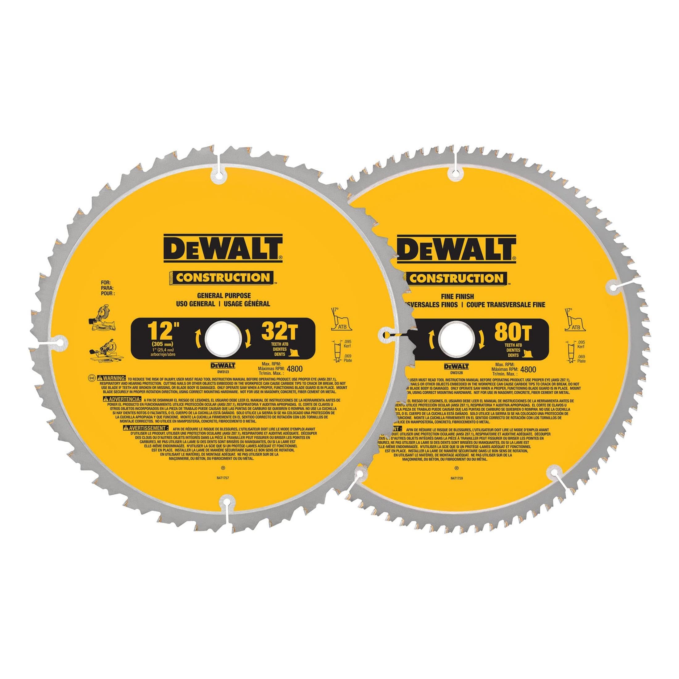 dewalt-12-inch-miter-saw-blade-2-pack-80-tooth-32-tooth-dw3128p5-dw3123 image 1