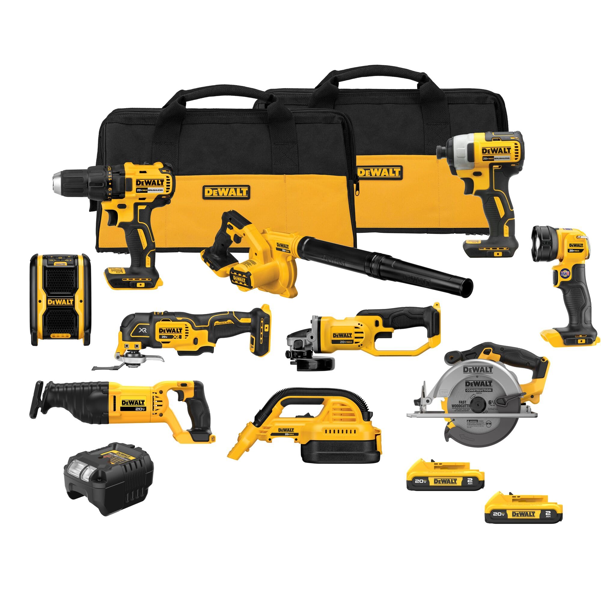 dewalt-dck1021d2-10-tool-20v-max-brushless-combo-kit-2-batteries-charger-2-bags image 1
