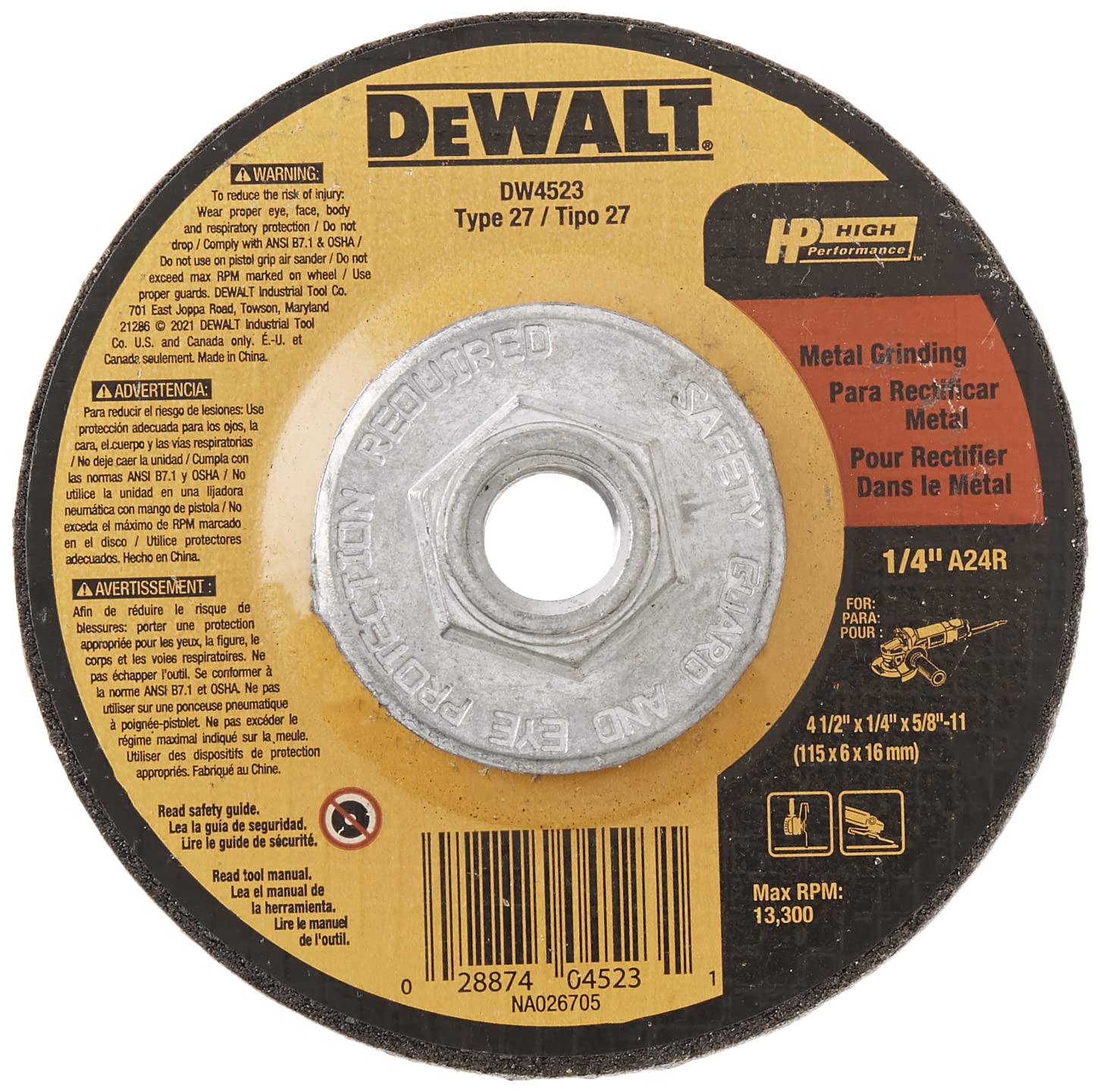 dewalt-dw4523-4-1-2-inch-type-27-metal-grinding-wheel-1-4-inch-x-5-8-inch image 1