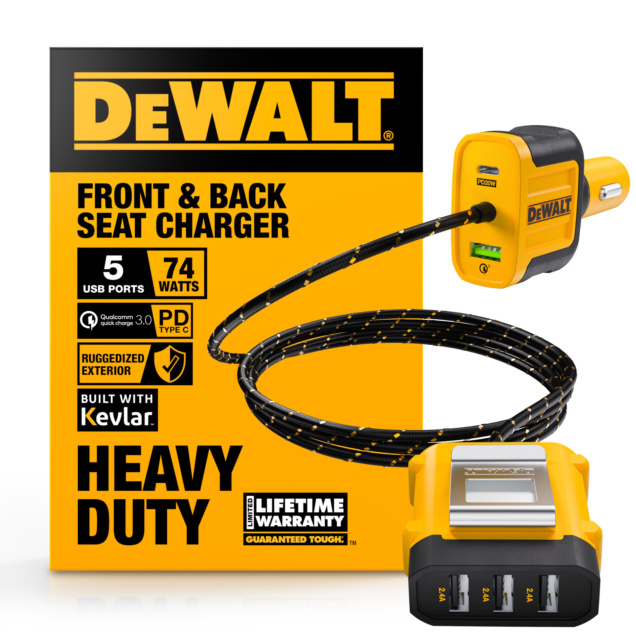 dewalt-heavy-duty-72w-5-port-usb-car-charger-with-pd-30w-qc-3-0-and-6ft-cable image 1