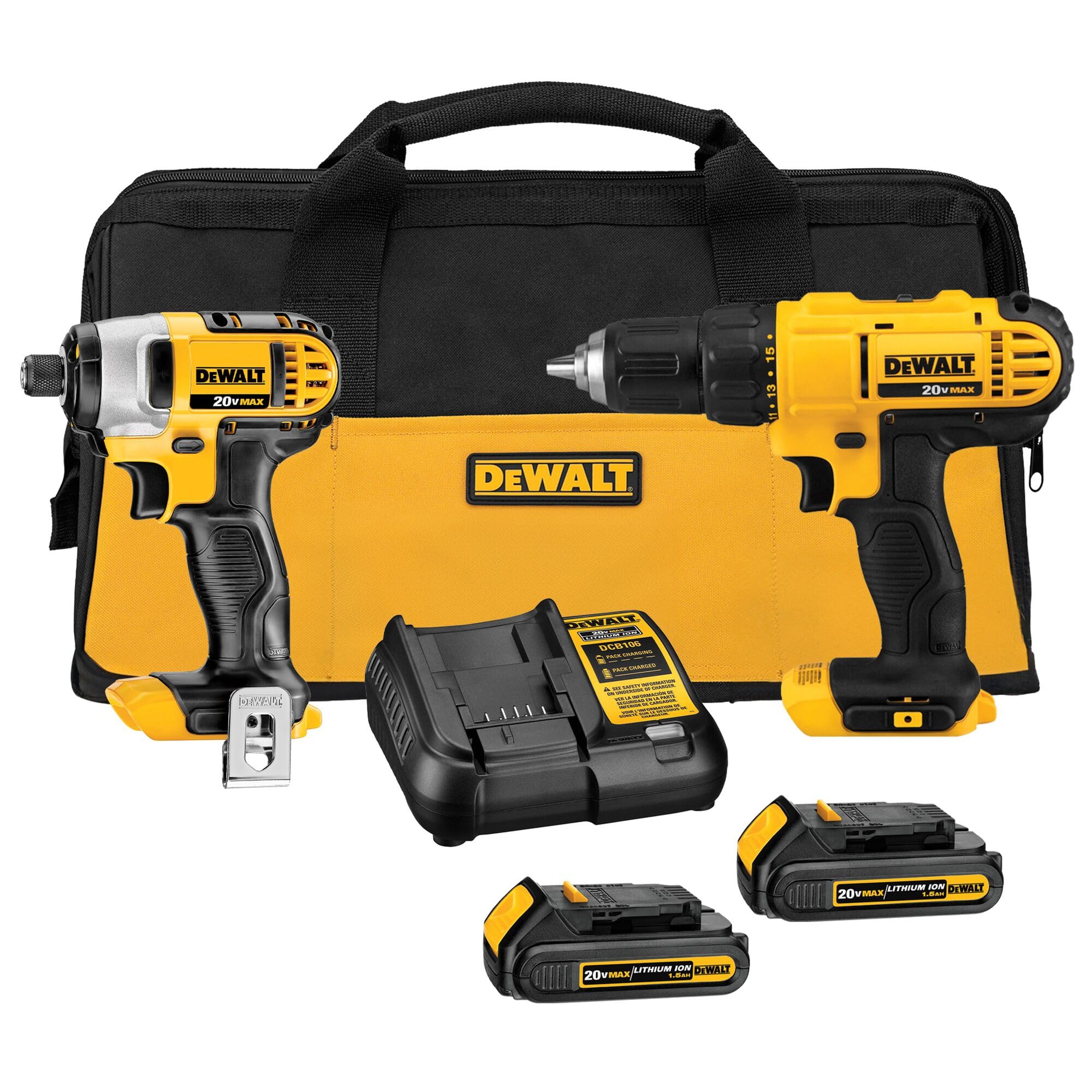 dewalt-20v-max-cordless-drill-impact-driver-combo-kit-with-2-batteries-charger-a image 1