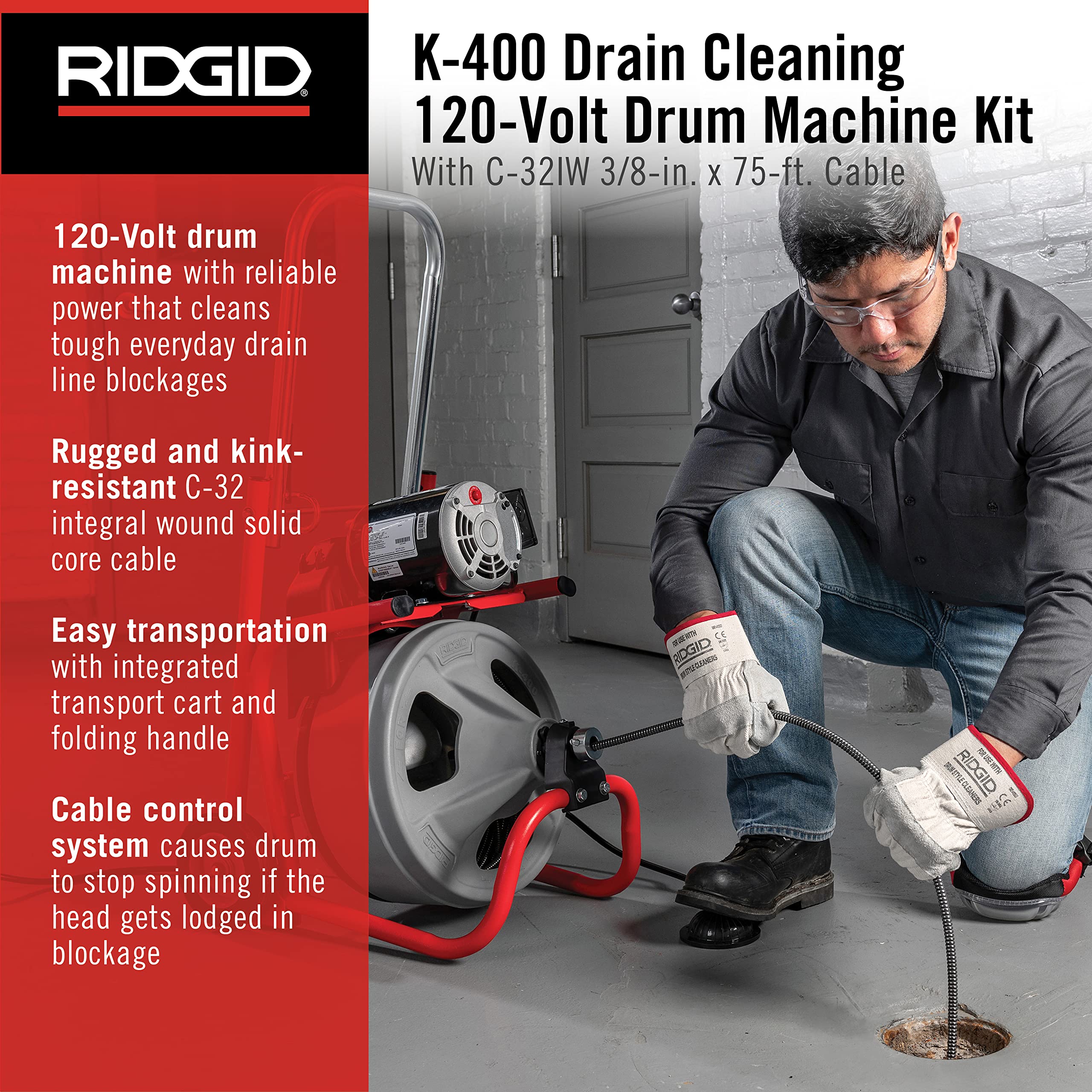 ridgid-k-400-120v-drain-cleaning-drum-machine-kit-with-c-32iw-3-8-in-x-75-ft-cab image 2